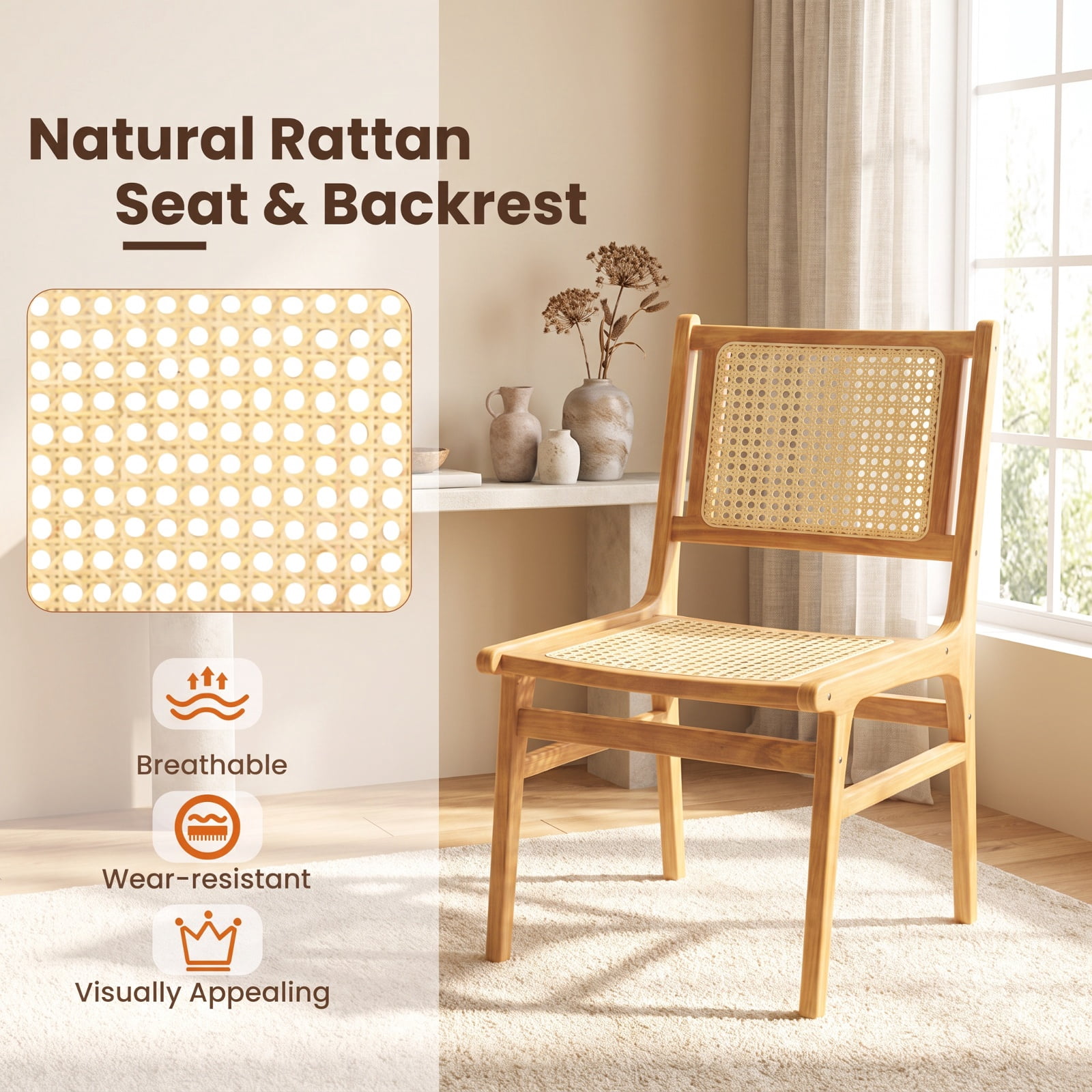 Furnibear Rattan Dining Chair with Natural Cane Woven Backrest and Teak Wood Frame