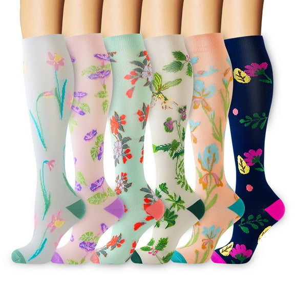 Compression Socks for Women Circulation Knee High 6 Pairs for Nurses, Running, Travel, Athletic，Style 6