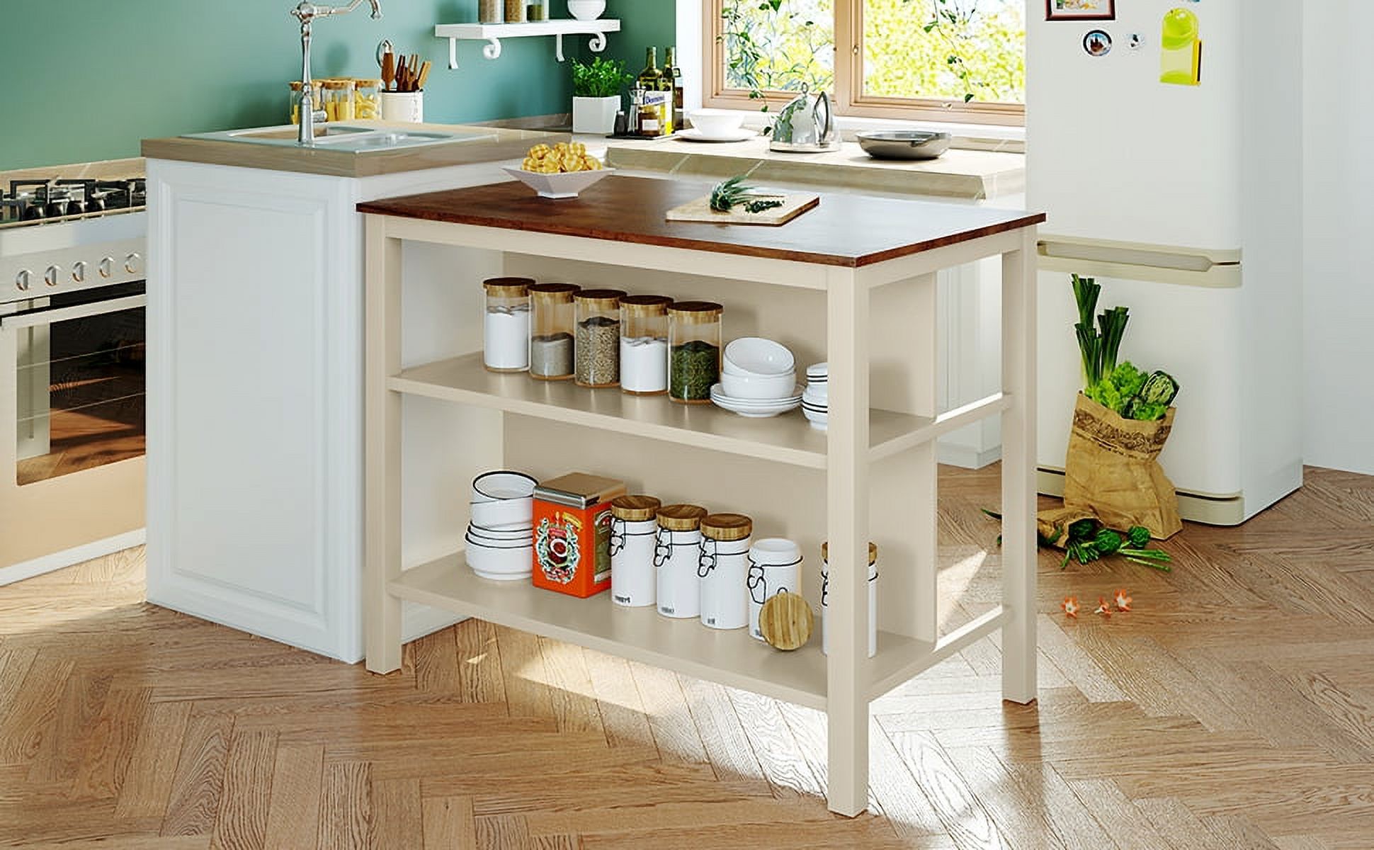45"  Kitchen Island with Butcher Block Top, 2 Open Shelves for Storage, Stationary Prep Table in Walnut and Cream White for Small Spaces