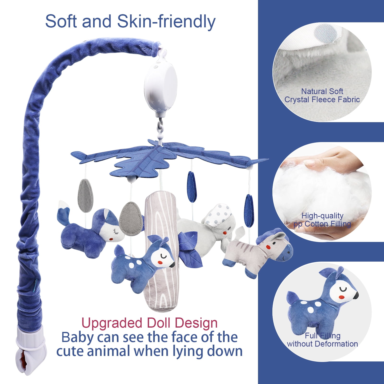IFOYO Upgraded Musical Mobile for Crib, Baby Crib Mobile, Hanging Rotating Toys, Woodland Nursery Decor, Digital Music Box with 3 Modes, 12 lullabies, Blue