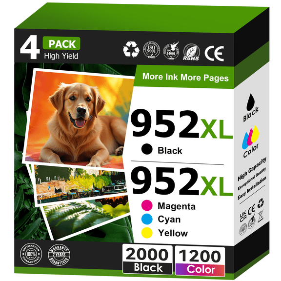 952XL Ink Cartridges Compatible for HP 952 Ink Cartridges Combo Pack (Black Cyan Magenta Yellow)
