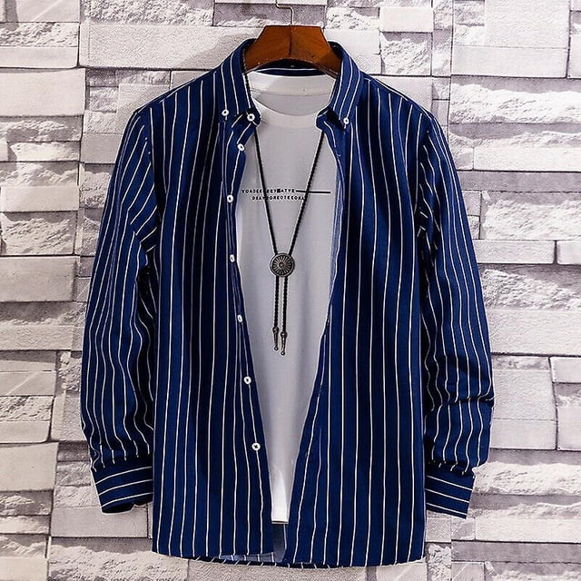 Camisa a rayas para hombre Oficina Trabajo de negocios Casual Manga larga Top con botones Nuevo LingWen 8390612125041