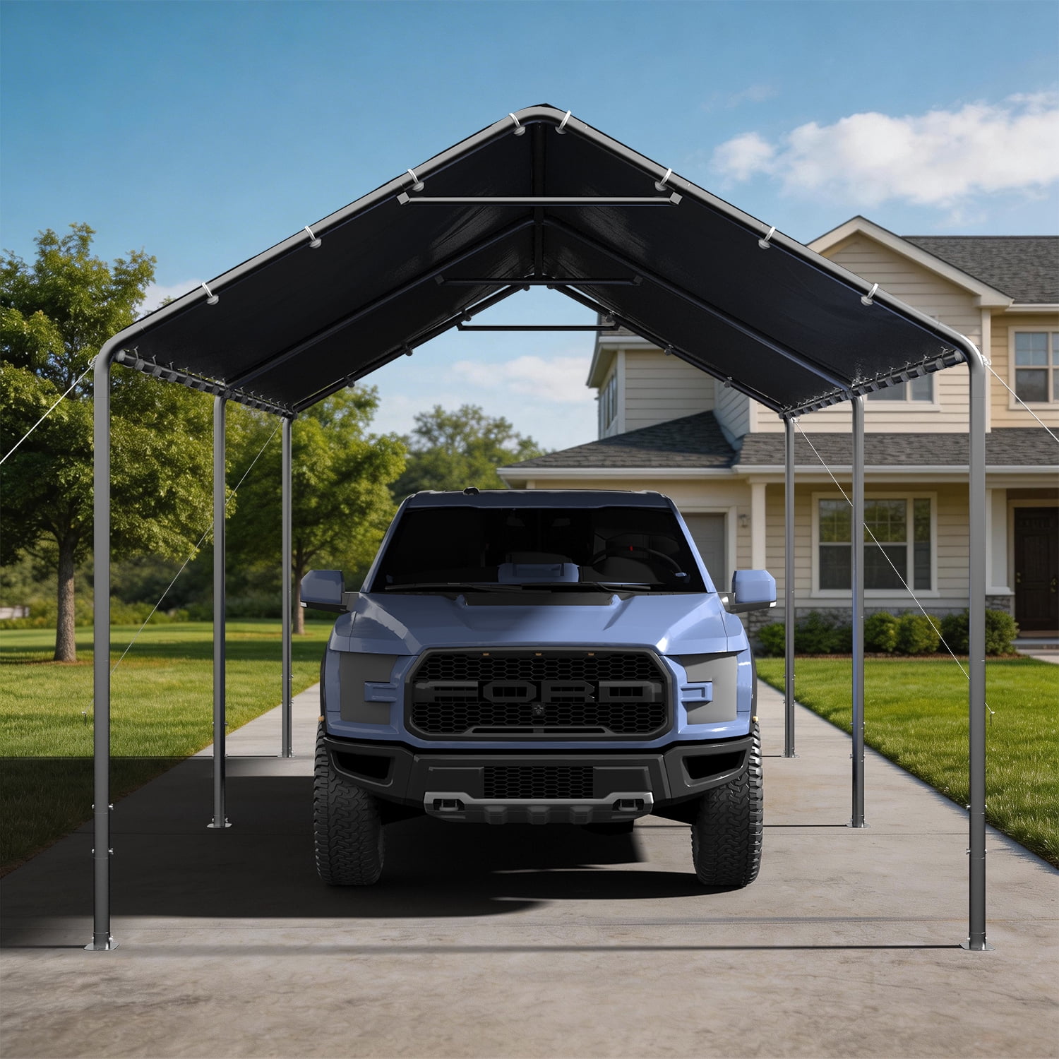 BaPiPro 10' x 20' Gray Gable Roof Carport Canopy, Heavy-Duty Galvanized Steel, Waterproof UV-Resistant PE Tent with Adjustable Height, 7-Level Wind Resistance for Car, Boat and Patio Storage