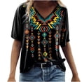 thumbnail image 1 of Blusa étnica con estampado geométrico y cuello en V de manga corta occidental Retro informal para mujer Pompotops hkajfhjk458555, 1 of 8