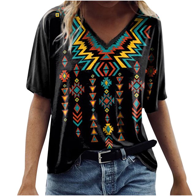 Blusa étnica con estampado geométrico y cuello en V de manga corta occidental Retro informal para mujer Pompotops hkajfhjk458555