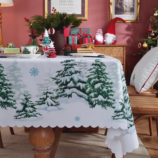Christmas Tablecloth Green Nylon Spandex Washable Decorative Cover for Kitchen Dining Coffee Table Holiday Home Decor 59x59/59x71/59x87 inch Reusable Dirt-Repellent Elegant Festive Design 1 Pack