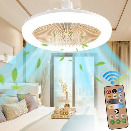 

E27 Ceiling Fan with Lights Enclosed Low Fan Light Ceiling Light with Fan Hidden Electric Fan Delier Gimbal Lamp Three Color Dimming Perfect for Students and Office Workers