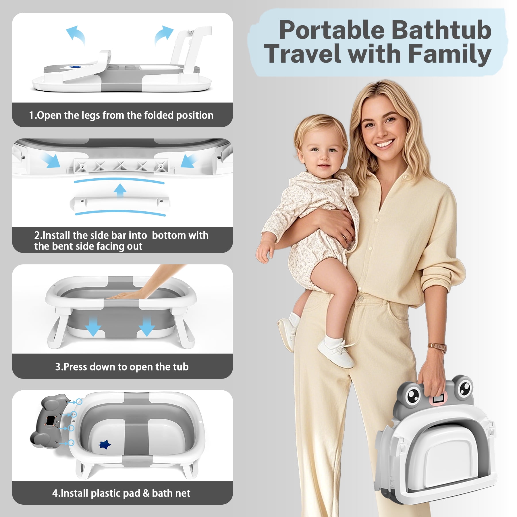 COOSEYA Baby Bathtub, Collapsible Baby Bath Tub with Cushion, Portable, Plastic, 1 Count(Frog/Grey)