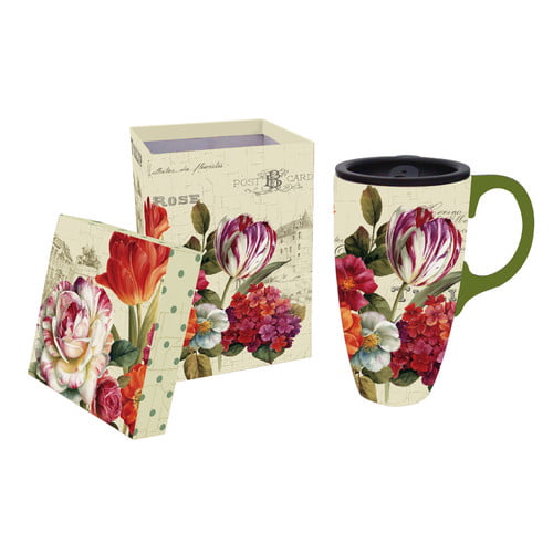 17 ounces Cypress Home Ceramic Travel Mug with Gift Box Blooming Flowers 