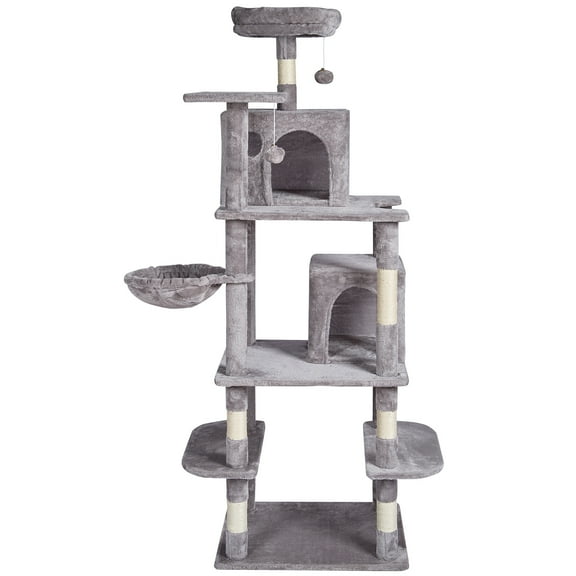 KFFKFF Cat Playground, 68.5" Tall, Features Two Cozy Hideaways, Scratch Post, Lounging Hammock, Observation Perch, Multiple Levels for Climbing, and a Playful Ball, in Light Grey