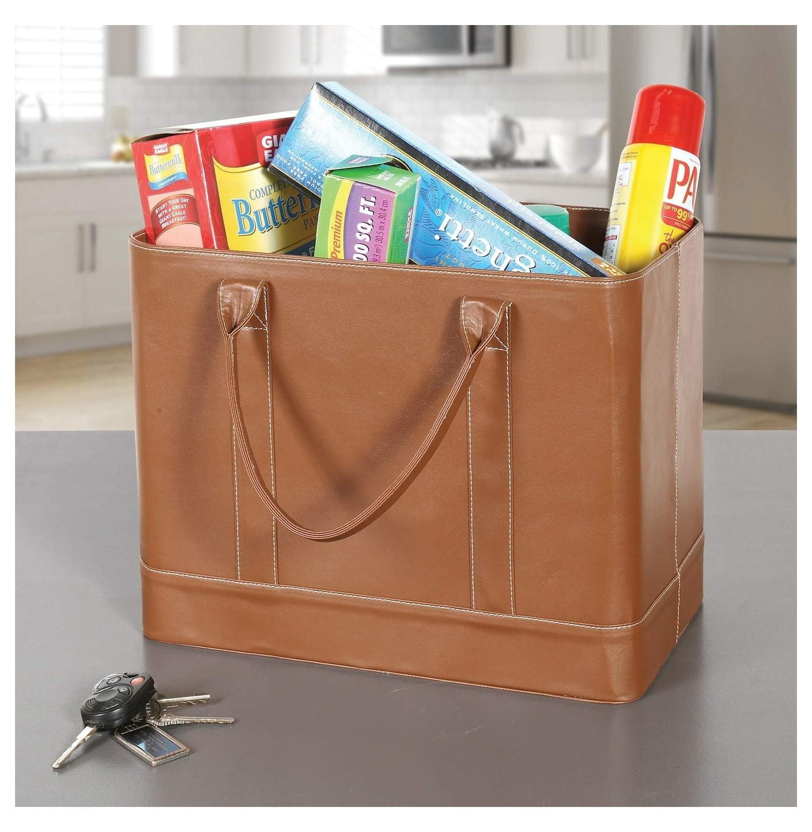 File Organizer Tote Bag - Portable Document Holder for Work, School, Home - Letter Size File Box with Handle - Brown Vegan Leather