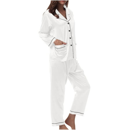 QUYUON Womens Silk Satin Pajamas Set Two-piece Pjs Sets Sleepwear Loungewear Button-Down Shirts Blouse Tops Long Pants Sets Nightwear Soft Pjs Lounge Sets Two Piece Outfits Sets White M