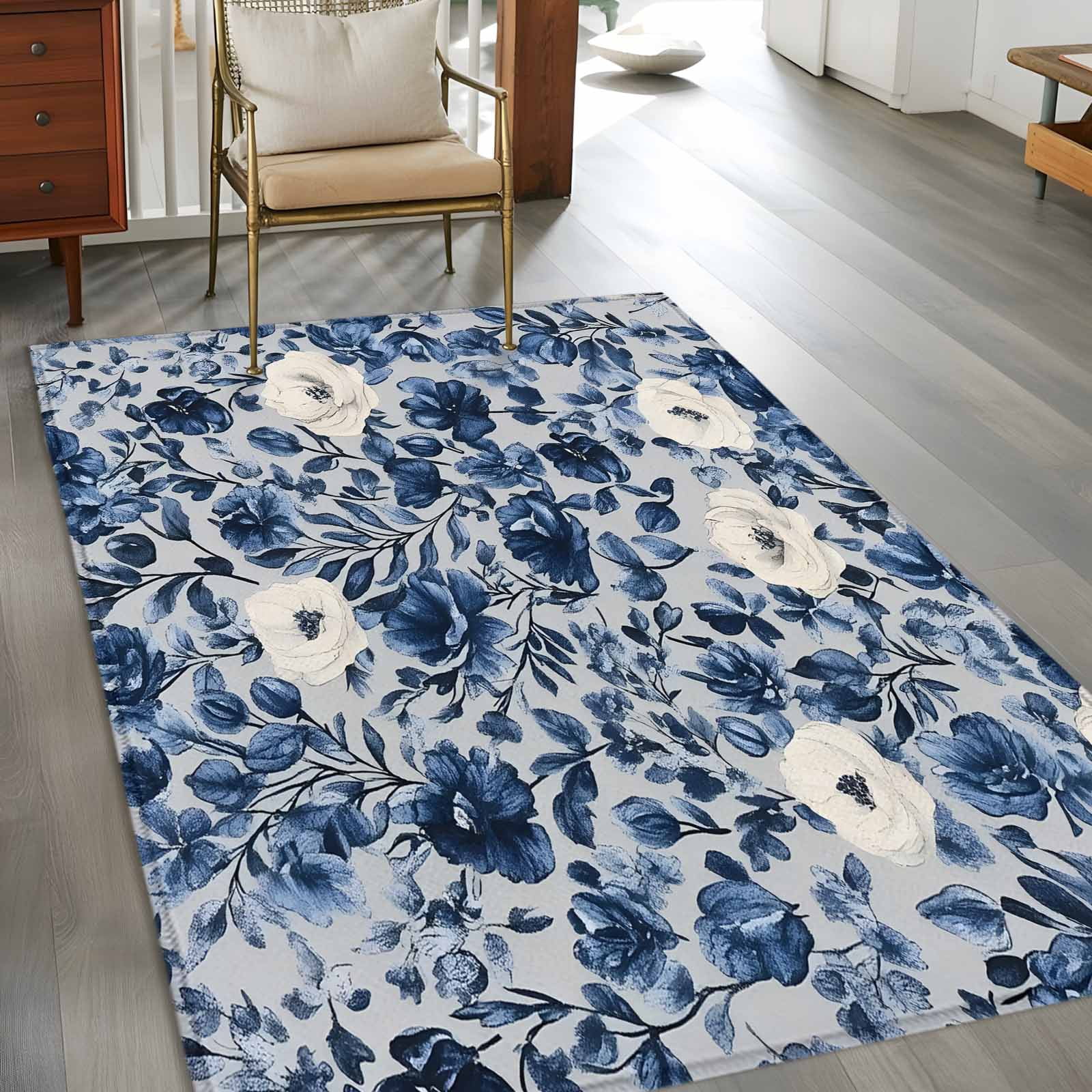 3'x5' Area Rugs, Navy Blue White Peony Indoor Outdoor Area Rug for Living Room Bedroom, Vintage Floral Blossom Washable Bathroom Rugs Kitchen Floor Carpet Mats Home Decor Aesthetic