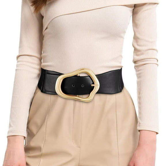 JASGOOD Women Wide Elastic Belts Fashion Stretchy Waist Belt with Big Gold Buckle for Dresses