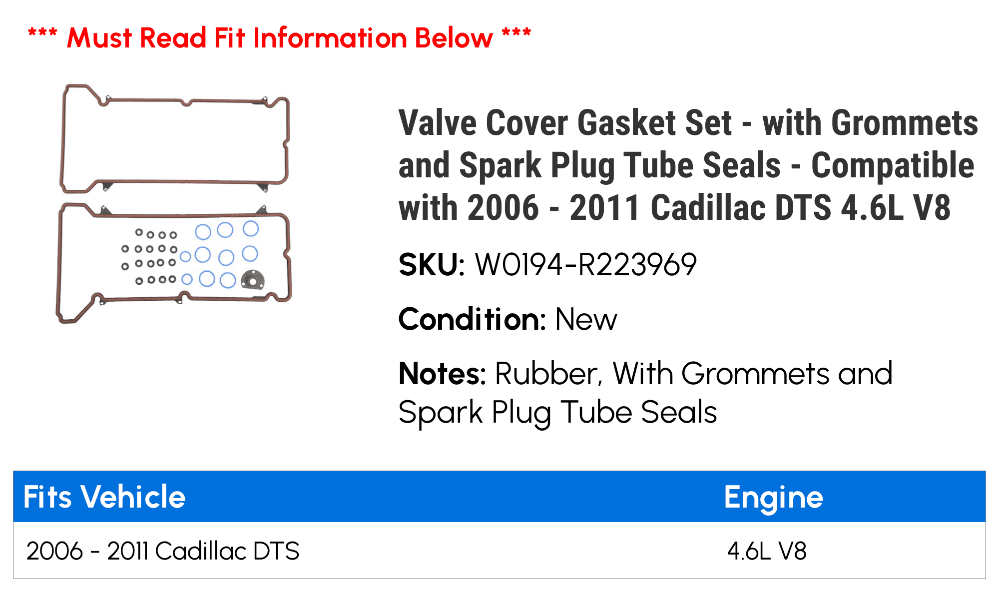 Valve Cover Gasket Set with Grommets and Spark Plug Tube Seals  Compatible with 2006 2011 Cadillac DTS 4.6L V8 2007 2008 2009 2010 