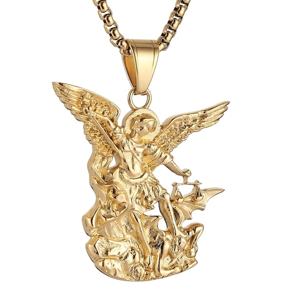 St. Michael the Archangel Necklace for Men Stainless Steel Retro Gold Angel Exorcism Protect Amulet Pendant Necklace Jewelry Gift, Religious Faith Jewelry Gift for Men and Women(RL)
