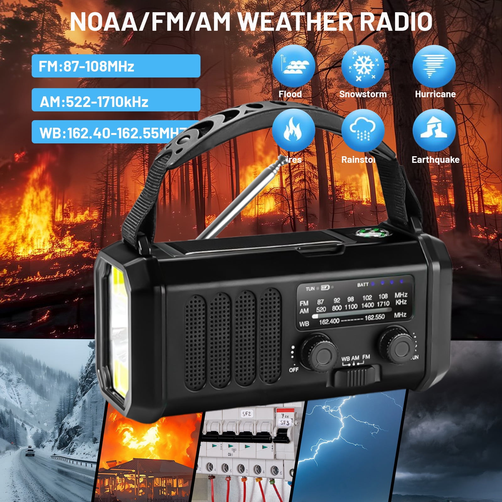 Geemuslly 10000mAh Hand Crank Emergency Radio,NOAA/AM/FM Weather Radio with Type-C Charge, Solar Charging, SOS, 3 Modes LED Torch, Reading Lamp, Compass for Camping, for Indoor Outdoor Emergencies