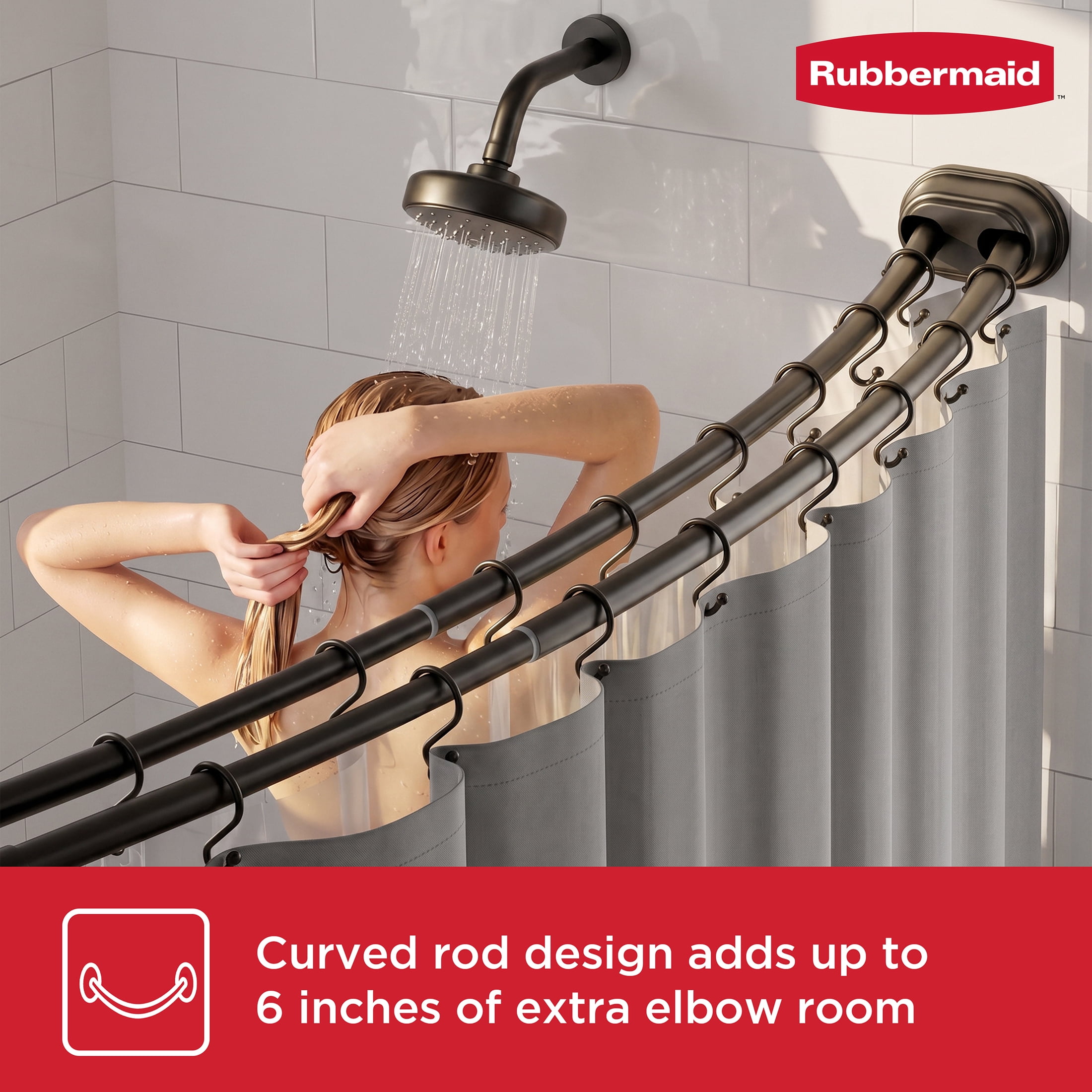 Rubbermaid No Drill Adjustable Tension Double Curved Shower Curtain Rod, Rustproof, 50" - 72", Matte Black