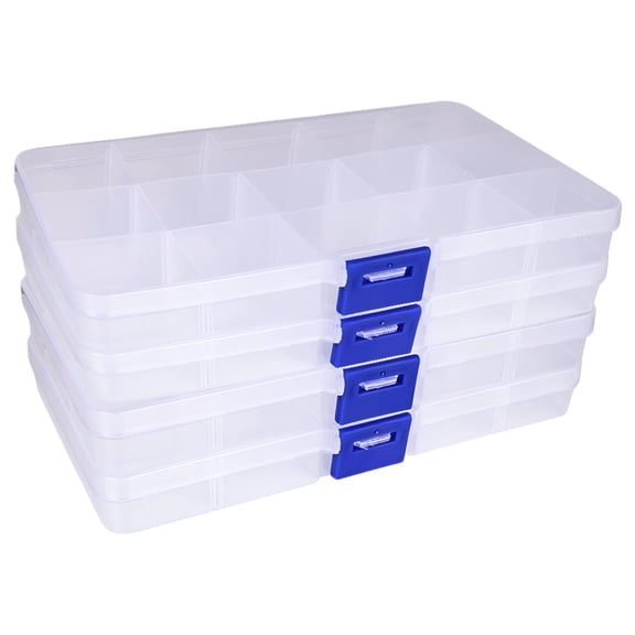 4 Packs 15 Grids Clear Plastic Organizers and Storage Box, for Organizing Screw, Small Parts, Bead Organizer, Jewelry Storage Adjustable Compartments Assortment Box (6.77 x 3.94 x 0.87 inches)