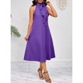 thumbnail image 4 of Purple Halter Neck Midi Dress With 3D Flower And Cascading Ruffle Detail, Loose Elegant Fit For Spring Summer, 4 of 6