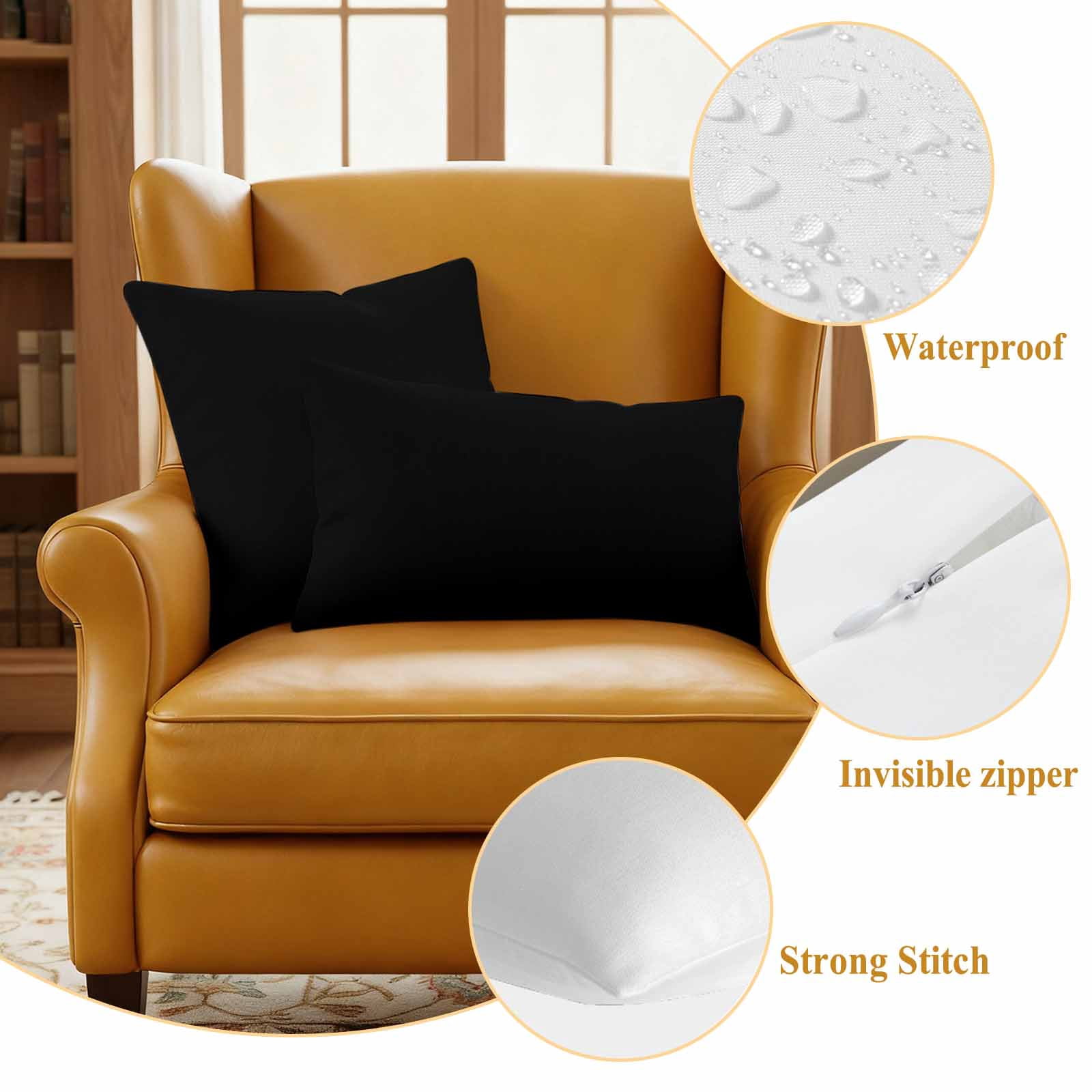 Black Outdoor Waterproof Pillow Covers, Solid Color Farmhouse Black Decorative Square Throw Pillowcase Sofa Cushion Sham for Patio/Couch/Chair, 16"x16" 2 Pack