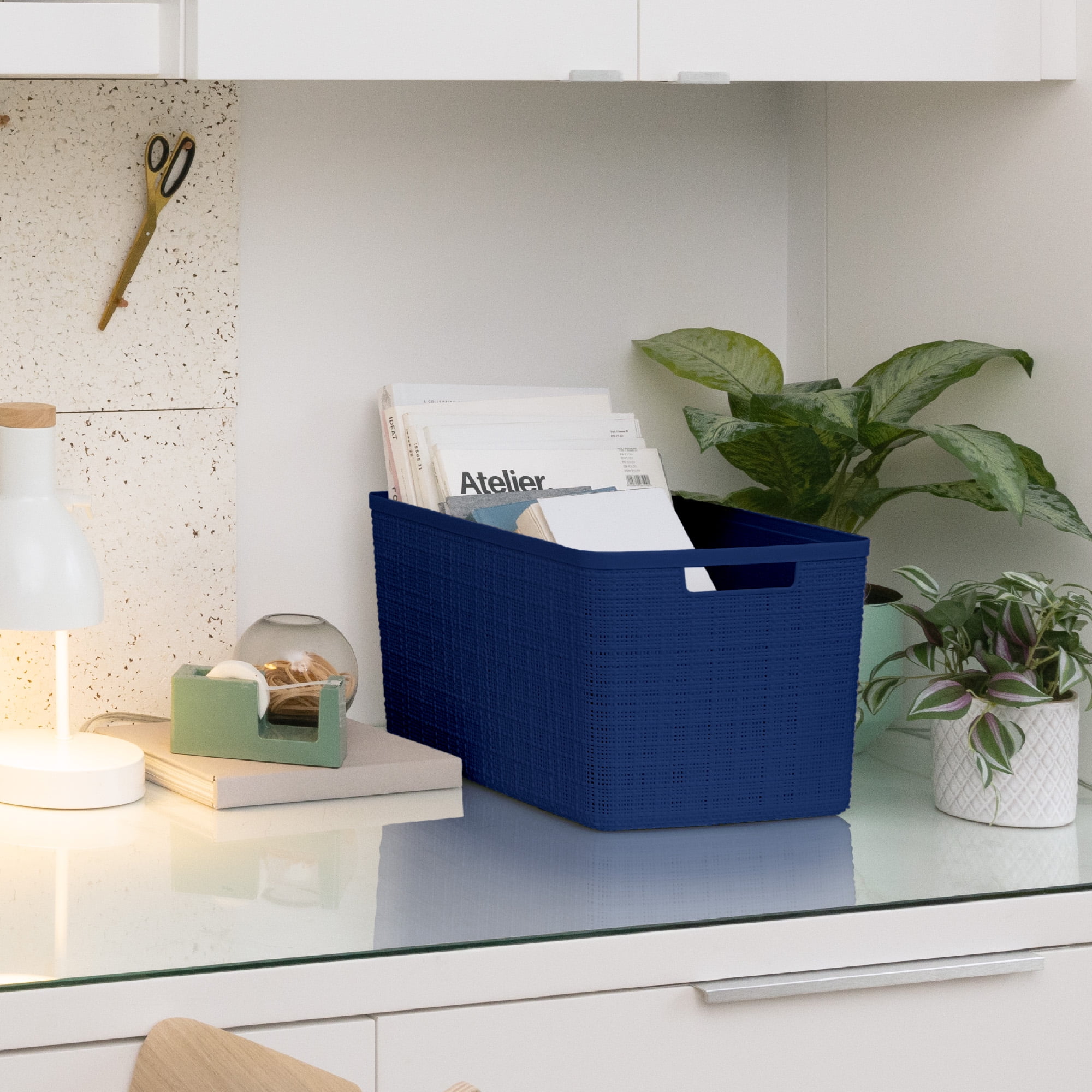 Curver Set of 4 Jute Basket Large Durable Resin Organization and Storage Basket Bin, Blue