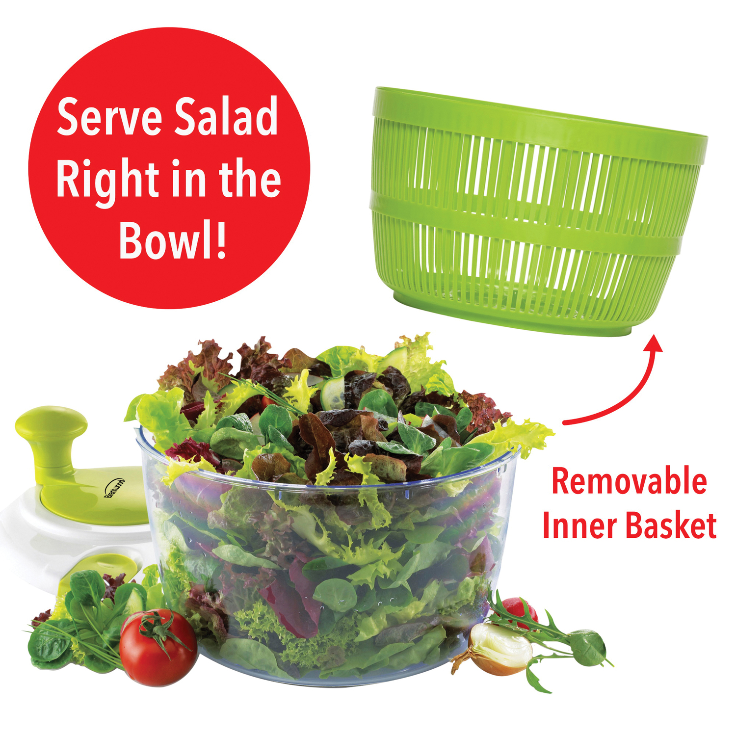 Brentwood Salad Spinner with 5-Qt. Serving Bowl, White