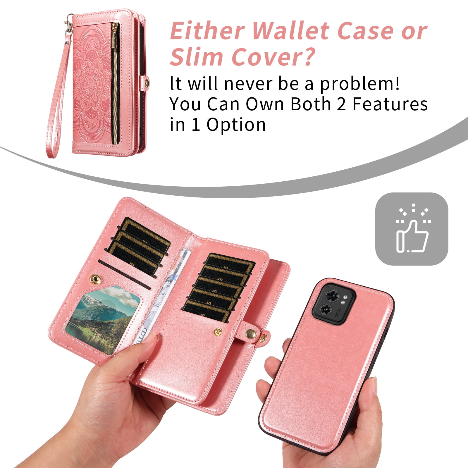 Asuwish Detachable Magnetic Zipper Wallet Phone Case with Flower Pattern and Screen Protector for Motorola Moto Edge 2023/Edge 40, Rose Gold