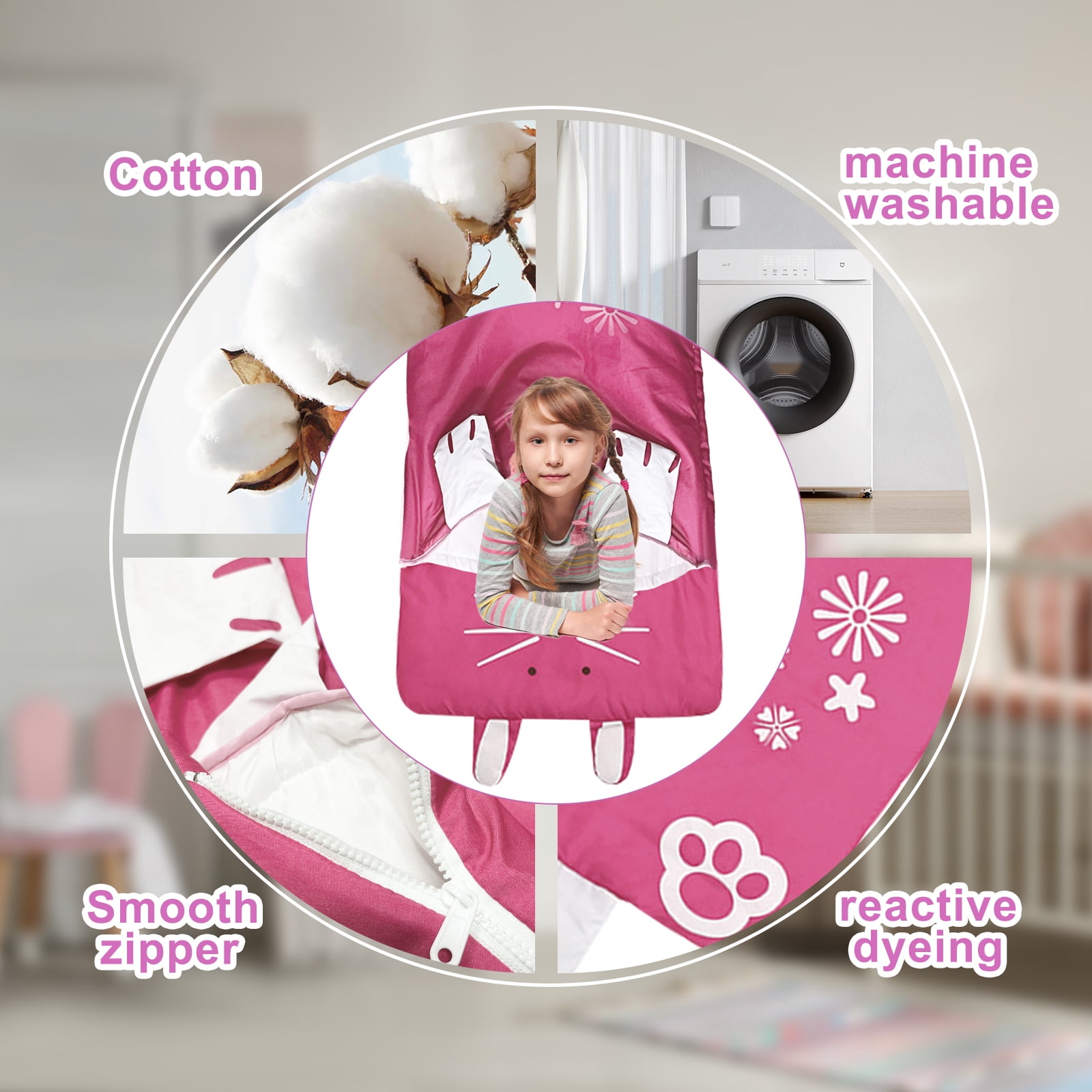 KKL Kids Sleeping Bag, Cartoon Animal Zipper Closure Folding Winter Warm Sleep Sack for Girls Boys,  63" x 24" Pink
