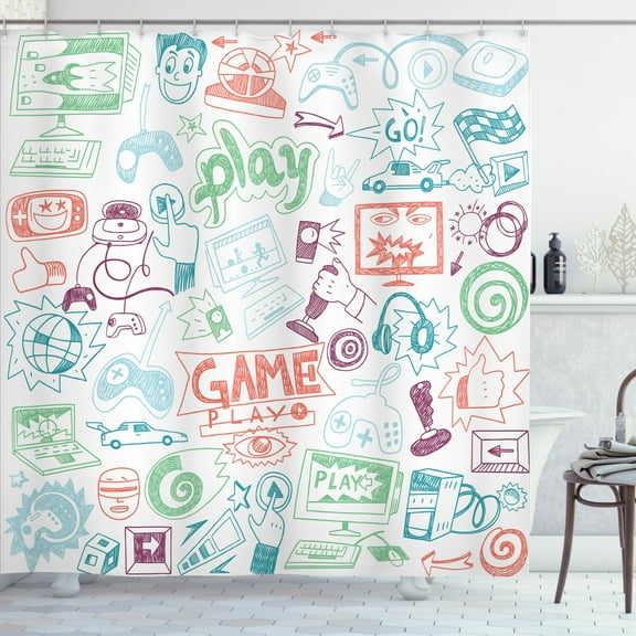 Ambesonne Video Games Shower Curtain, Monochrome Gaming 90s, 69"Wx75"L, Pale Blue
