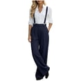 thumbnail image 4 of Zynoxe Womens Plus Size Wide Leg Pants Trendy Straight Pleated Detachable Suspender High Waistband Suit Trousers with Pockets Navy M, 4 of 8