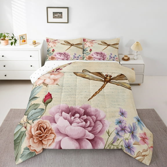 Manfei Spring Garden Floral Bedding Comforter Set, Farmhouse Dragonfly Animal Twin Comforter Sets, Vintage French Style Reversible Bedding Set, Luxury Bedroom Decor, 2 Pieces