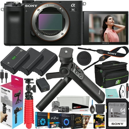 Sony a7C Mirrorless Full Frame Camera Interchangeable Lens Body Only Black ILCE7C/B Bundle with Vlogger Kit ACCVC1 GP-VPT2BT Shooting Grip w. Wireless Remote + 2 Battery + Deco Gear Bag & Accessories