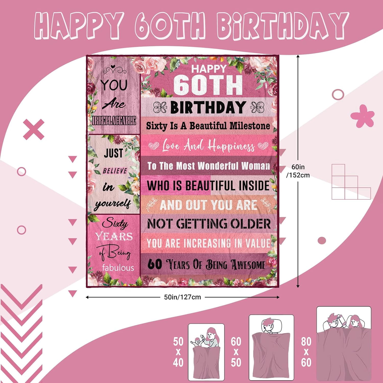 60th Birthday Gifts for Women, 60th Birthday Blanket, 60th Birthday Decorations, 60th Birthday Gifts for Her, 60 Year Old Birthday Gift Ideas, 60th Birthday Gift for Mom -