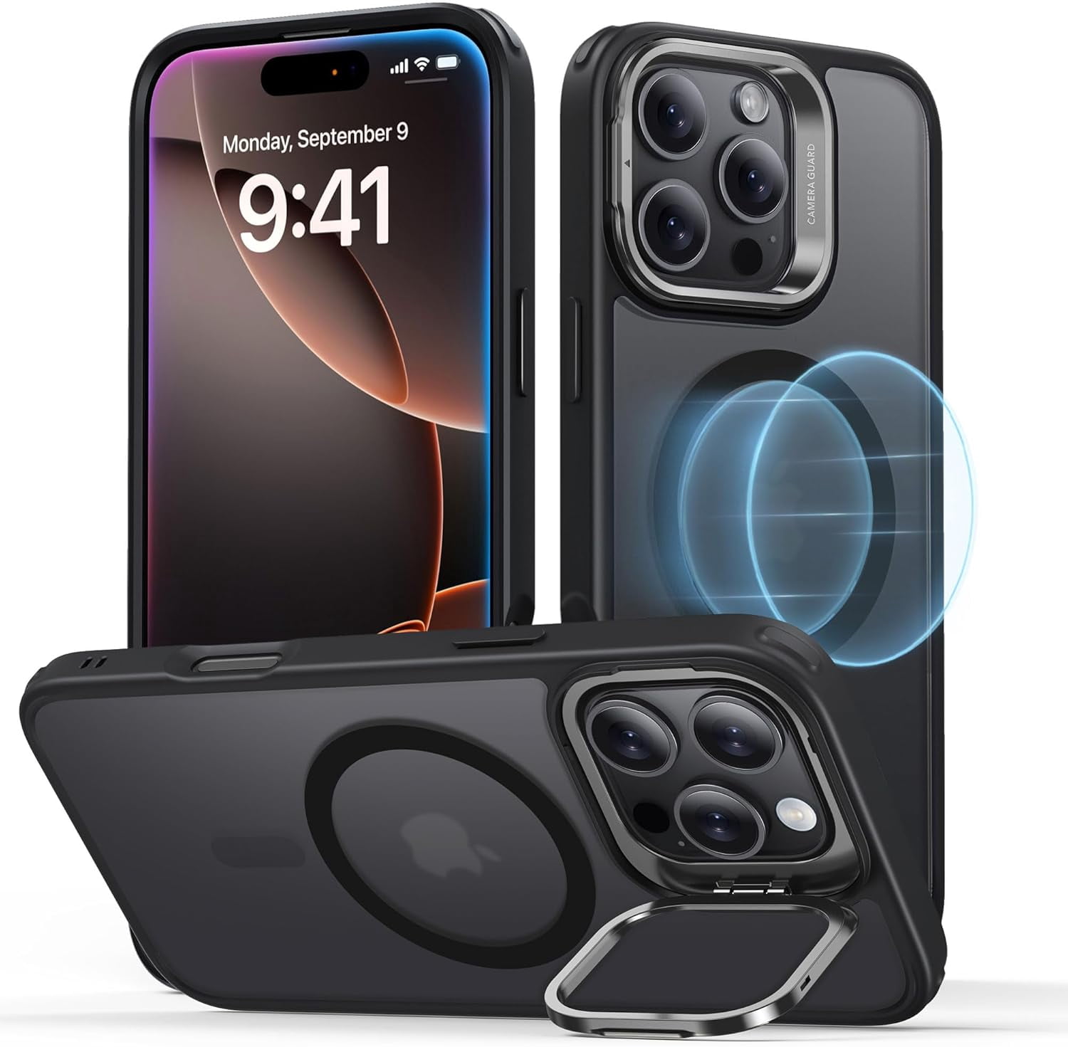 RGHJAR-ESR for iPhone 16 Pro Max Case, Compatible with MagSafe, Military-Grade Protective Case, Built-in Stash Stand Phone Case, Scratch-Resistant Back Cover, Classic Series,Frosted Black