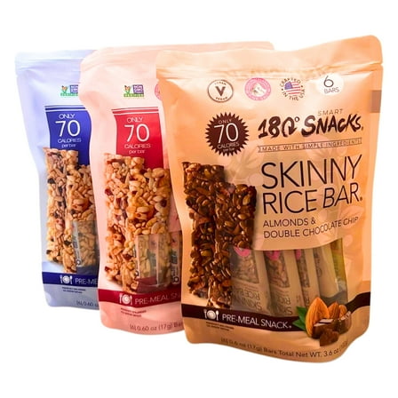 180 Snacks Skinny Rice Bars Variety Pack of 3, Almonds Cranberries Blueberries & Chocolate Chip, Healthy Low Calorie Gluten Free Individually Wrapped Snack Bars for Lunchbox Travel Office School