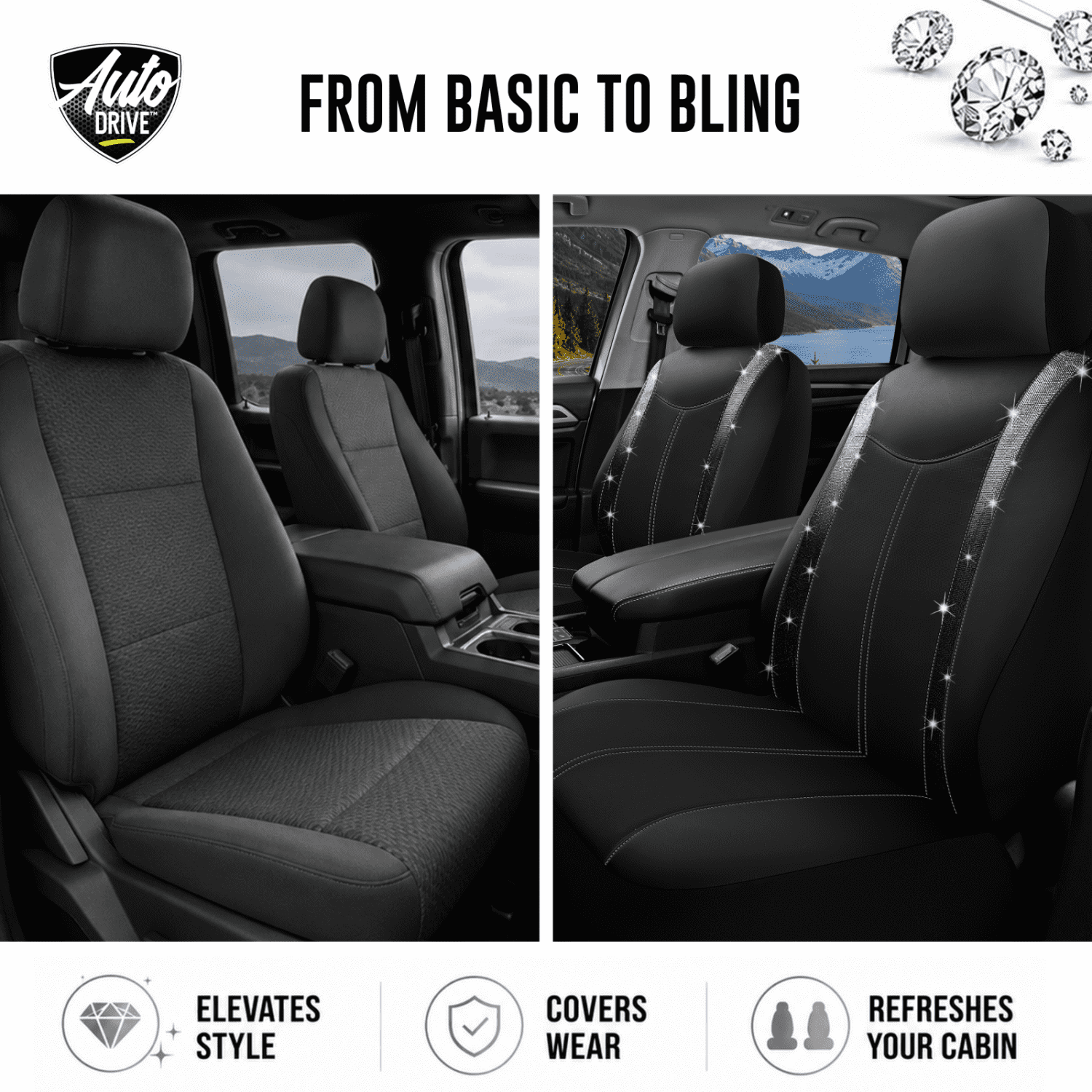 Auto Drive Diamond Leather Car Seat Cover,Luxury Bling Crystal Design,Universal Fit for Cars,SUVs Sliver Black
