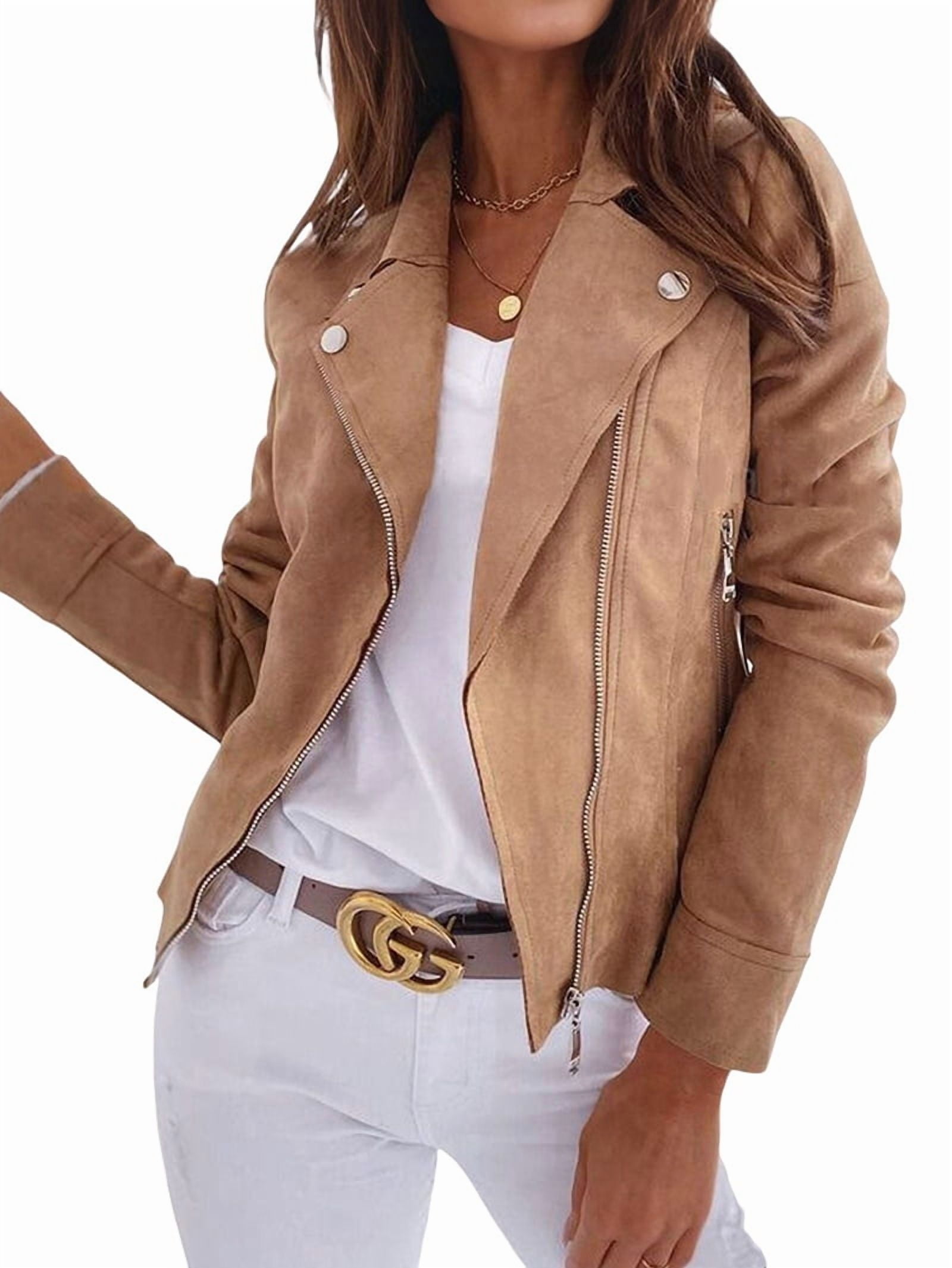 Women'S Faux Leather Jackets Suede Spring Trendy Outfits 2025 Fall Zip Up Cropped Moto Jakcet Outerwear Khaki S
