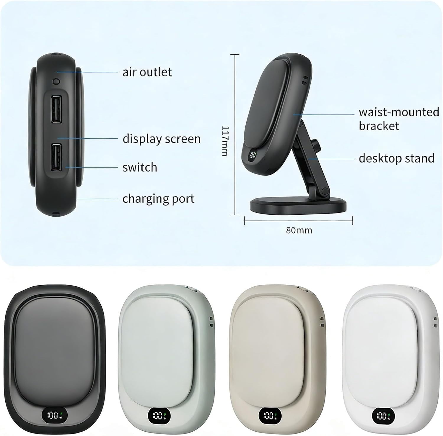 Desktop Fan 2-in-1 Rechargeable Hand Warmer with Digital Display,Hands-Free Cooling Fan for Outdoor Work