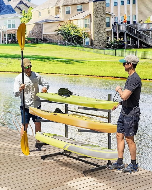 Kayak Storage Rack for 2-6 Kayaks Freestanding Kayak Rack for Outdoor Storage with Movable Wheels, Heavy-Duty Steel Kayak Hanger Holder with Hanging Straps