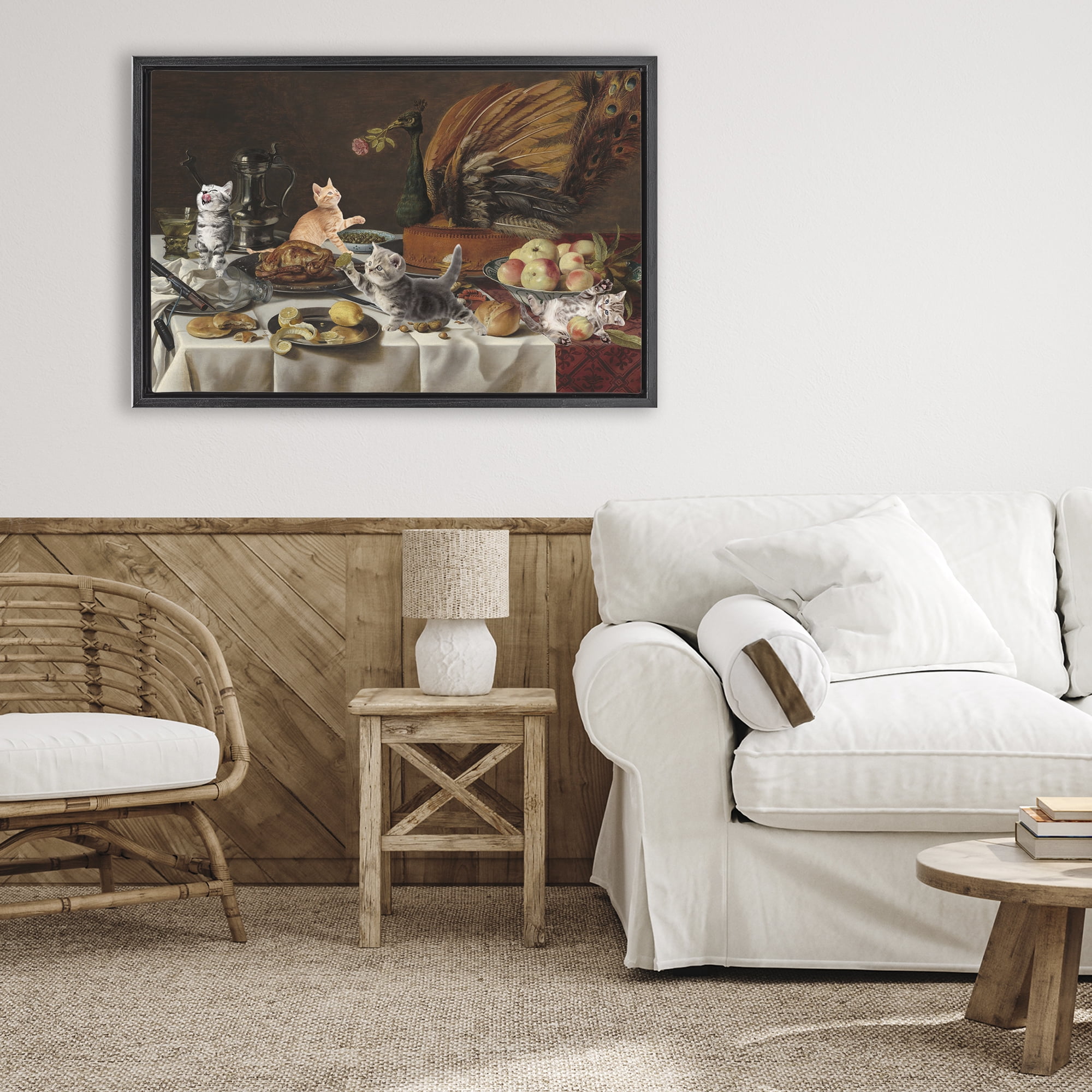 Kittens on Still Life Feast Black Framed Floater Canvas Wall Art, design by Masters Redux