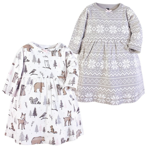 Luvable Friends Hudson Baby Long-Sleeve Dresses 2pk, Frosty Woodland, 0-3M