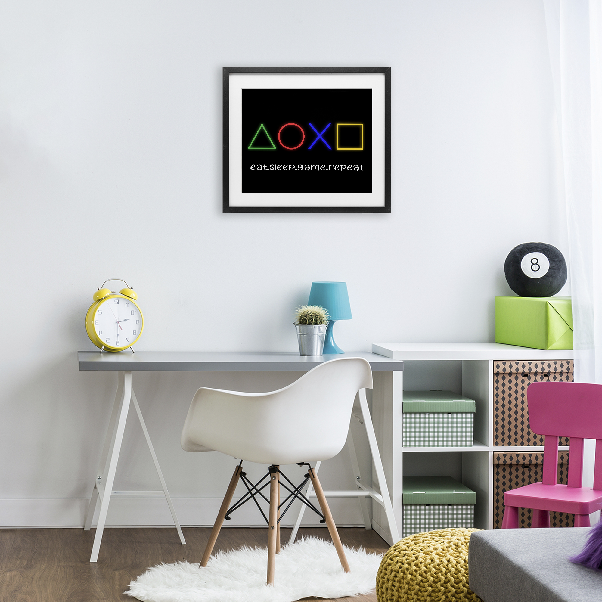 Neon Gaming Symbols & Words Black Framed Print Under Glass, design by Christine Simpson Art