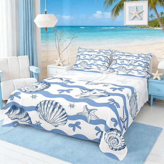 Manfei Blue White Wave Seashell Starfish Bow Queen Sheet Sets for Kids Girls, Sea Animal Bed Set 4-Piece, 1 Flat Sheet, 1 Fitted Sheet and 2 Pillowcases