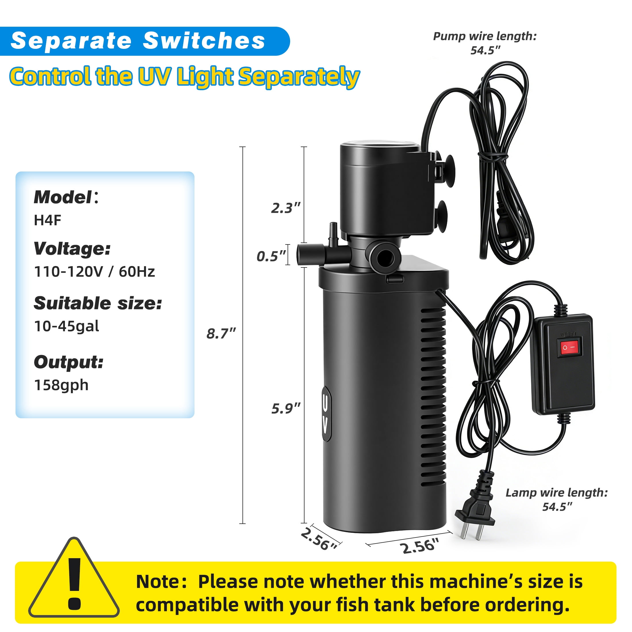 TARARIUM Small Aquarium Filter U-V for 10-45 Gallon Tank, 158GPH Fish Tank Filters