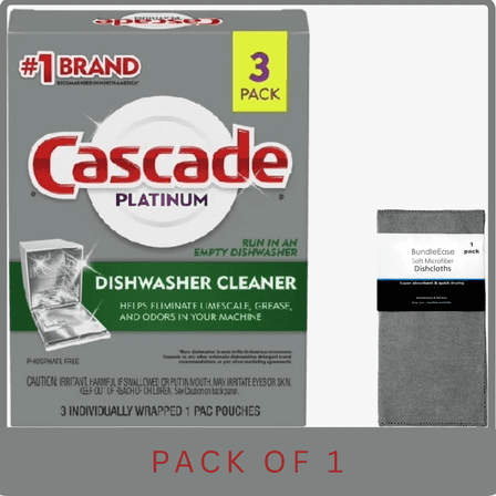 Cascade Platinum Dishwasher Cleaner Single-Dose Pods, 3 ct with Microfiber Solid Color Dishcloth by BundleEase