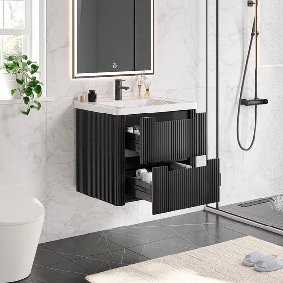 ROGALIS 24" Modern Bathroom Vanity, 2-Drawer, glossy resin Sink, Fluted Design,Black