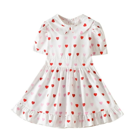 

Toddler Girls Short Sleeve Valentine s Day Hearts Printed Ruffles Princess Dress Pretty Daily Wear For Girls White 4 Years-5 Years