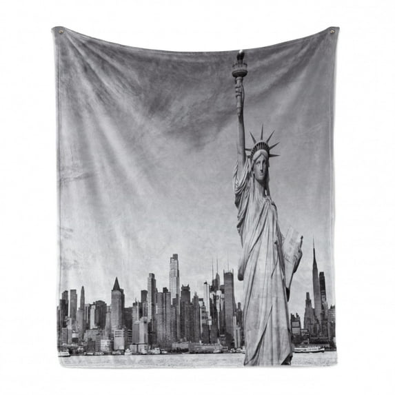 New York City Soft Flannel Fleece Throw Blanket, Liberty New York City Famous American Monument Landscape Illustration, Cozy Plush for Indoor and Outdoor Use, 60" x 80", Grey, by Ambesonne