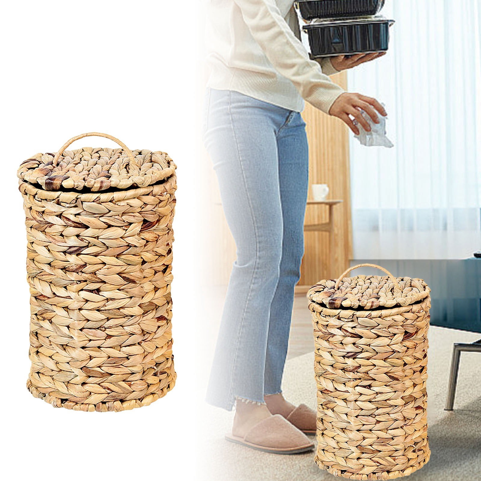 Water Hyacinth Can with Lid, Braided Wicker Waste Basket Small Garbage Can Boho Decor, Compact Bathroom Can for Kitchen, Bedroom, Office, and Living Room Organization